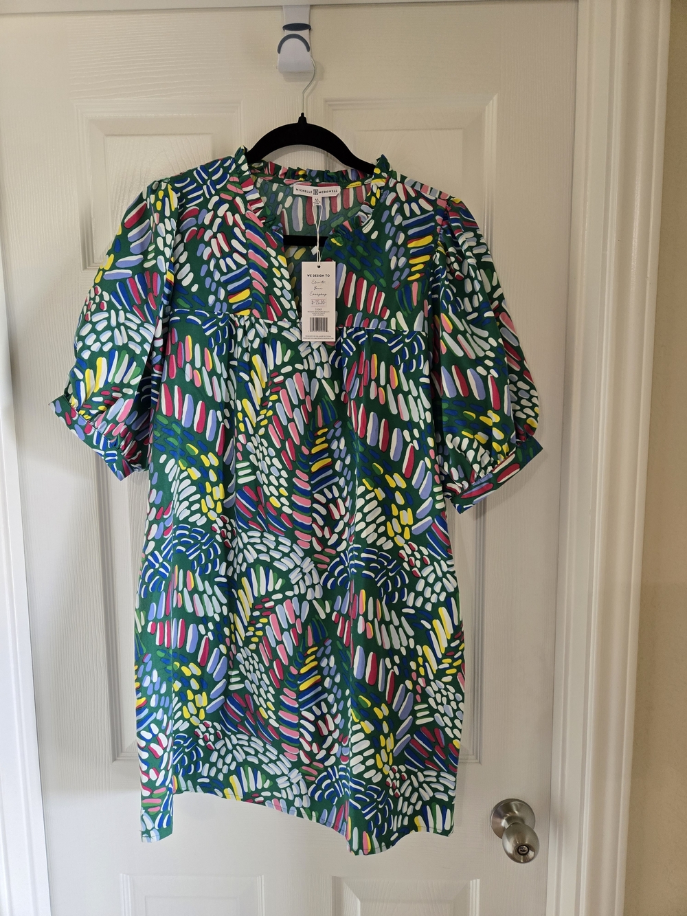 Green Abstract-Print Mini Dress with Puff Sleeves